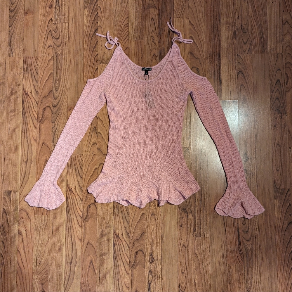Express Cold Shoulder Bell Sleeve Sweater in Pink, Size M